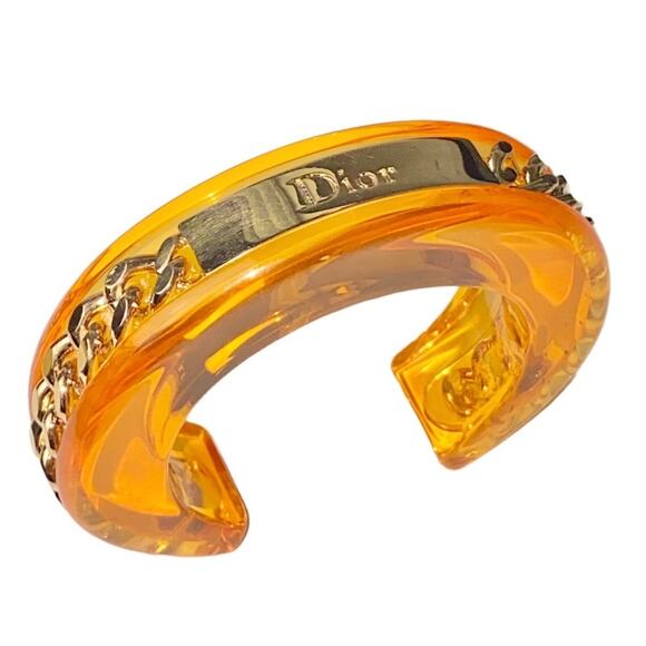 AUTH VTG Christian Dior Orange Lucite Gold Chain Nameplate Logo Cuff Bracelet - Picture 1 of 15